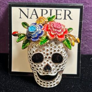 Napier Floral Skull Brooch with Colorful Accents